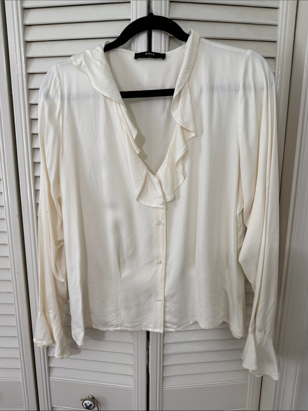 Able Ivory Ruffle V-Neck Button Blouse